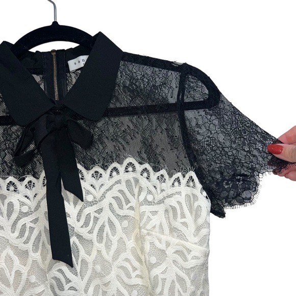 Sandro Rozen Short Sleeve Guipure Lace Mini Dress In Black/Ecru - Picture 8 of 15